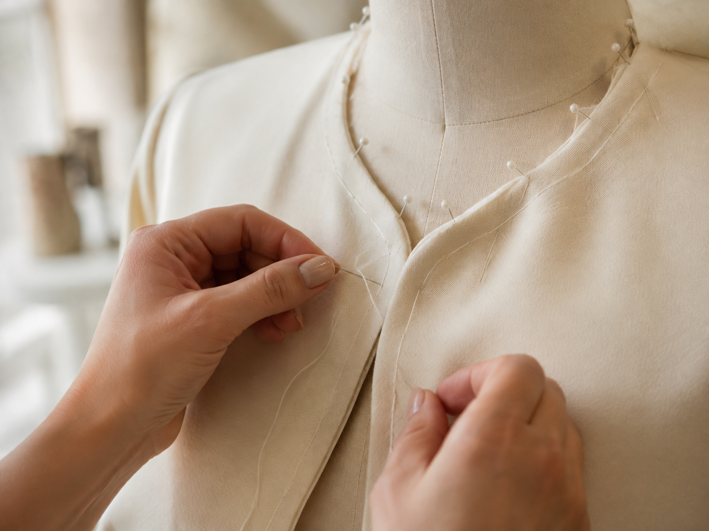 Detalle editorial de manos trabajando una prenda sobre un maniquí